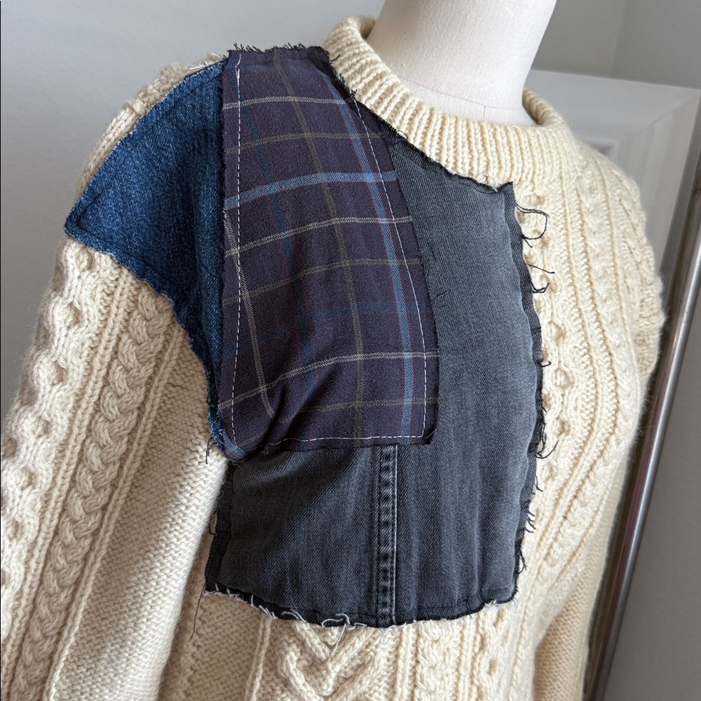 Cream Cable Knit Sweater With Patchwork Detail - image 2